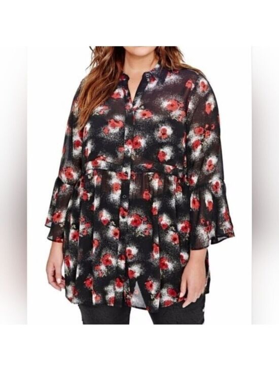 Love & Legend Tops - 16 • Love & Legend • Black and Red Floral Poppy Clad Button Front Sheer Blouse